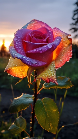 一只七彩玫瑰花，露珠，夕阳，摄影