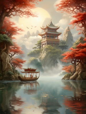 写实风，中国古典楼阁，超宽阔的江面，没有一朵云的天空，远去的木船