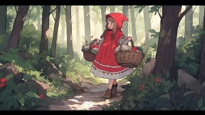 小红帽拿着篮子，开始穿越美丽的森林。