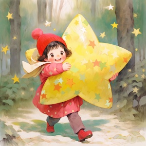 开心快乐的小女孩拿黄色星星插画