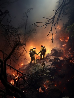两名消防员正在湖南与大火搏斗，其风格为daan roosegaarde，caras ionut，emek golan，微妙的照明，plein-air真实感，深橙色和绿色，有机材料