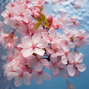 鲜嫩的垂丝海棠花绽，放在清晨的池畔，细致的花瓣呈现着红色、白色和粉色的绚烂色彩，在微风中轻轻摇曳，花瓣有细致的纹理，水晶般清澈，美好浪漫，阳光明媚