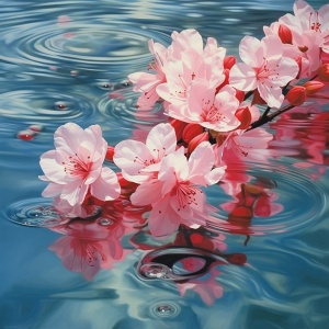 清晨池畔的垂丝海棠花绽放