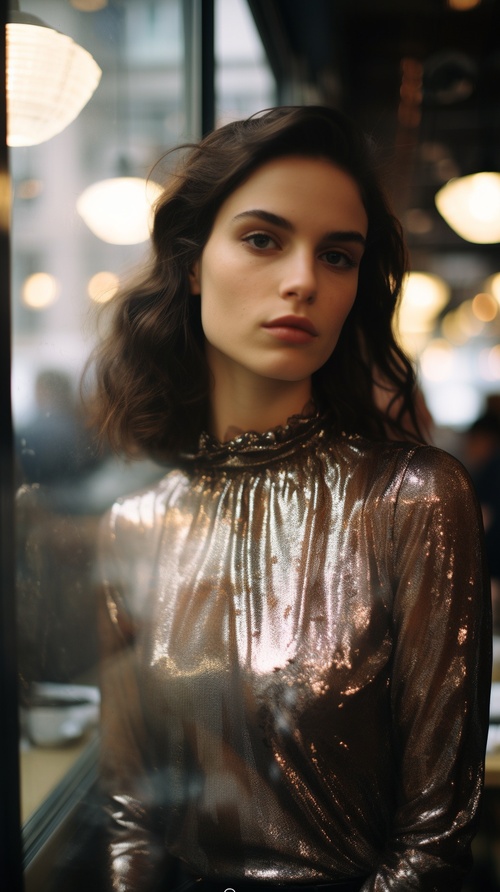 medium shot of attractive french girl in a city modern cafe on our first date, wearing Sequin Dress, brunette,casual smirk, reflections trough a window of another person walking by, shot in 2023 in the style of Vivian Maier. candid:3 30mmlens, shot in 2023. candid, minimalism, moody, modern, cinematic realism, Eye Level Shot, shot with hasselblad 30mm,Kodak Ektar 100no black and white photography ar 9:16 style raw stylize420 v 6.0