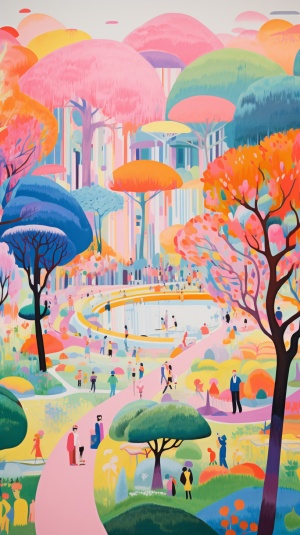 spring day, an abstract painting of colorful design, the children park, great lawn, josan gonzalez, Henry Matisse's colors, Henry Matisse's lithograph, storybook illustration, cinematic shot, Three-point perspective, ultrafine detail ar 9:16 v 6.0s 250