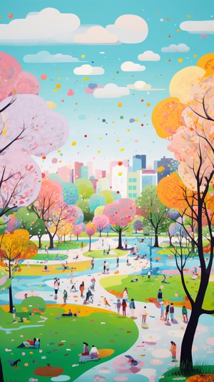 spring day, an abstract painting of colorful design, the children park, great lawn, josan gonzalez, Henry Matisse's colors, Henry Matisse's lithograph, storybook illustration, cinematic shot, Three-point perspective, ultrafine detail ar 9:16 v 6.0s 250