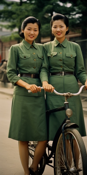 怀旧写实：穿绿军装的女兵在中国北京什刹海骑自行车