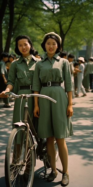 怀旧写实：穿绿军装的女兵在中国北京什刹海骑自行车