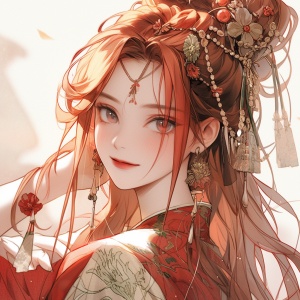 红色长发美少女带着精美汉服头饰展示中国风