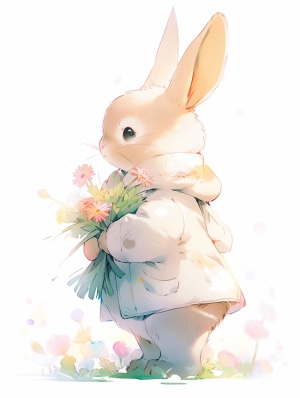 可爱的兔子毛绒玩具，穿着可爱的衣服，毛茸茸的身体抱着一朵花，仰望，明亮，白色背景，皮克斯风格，童话故事，迷人，虚幻引渲染，电影光感，8K，高清，极简。