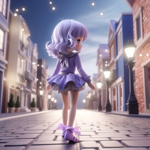 一个穿着紫色连衣裙的娃娃走在大街上，淡银淡灰的风格，小飞月，可爱多彩，动漫，灰色，嘻哈风格，芭比娃娃