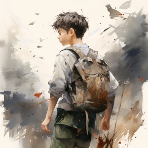 男孩背着汉字画背包，昆虫制成的乡村童子军电影海报