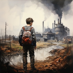 一个男孩背着行囊，以城市现实主义的风格，墨迹，童打工仔，电影海报，昆虫制成，强烈的真实感，远处有林立的工厂。