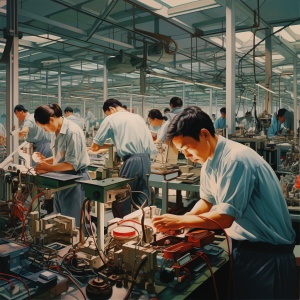 工厂车间的男工人在流水线上组装电子零件上工作，我不敢相信这是多么美丽，gongbi，新学术主义，massur写实主义，工厂生活方式，applecore，极度性别