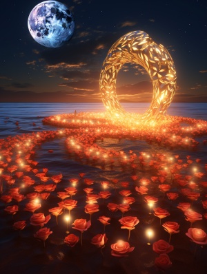 Transparent Picture with Golden Crescent, Red Roses, and Starry Milky Way