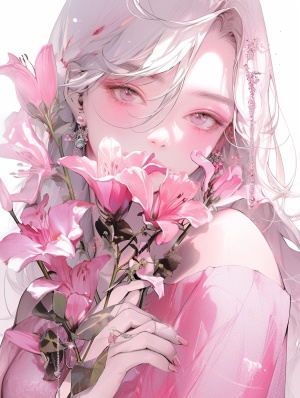 动漫美丽的女士拿着一朵粉红色的花，在清晰的新流行插图的风格，现实而富有想象力，超现实的精度