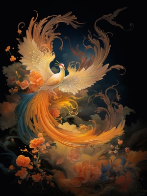 Romantic ancient style, brilliant stars, artistic conception ink, oriental poetry and painting, black background, auspicious clouds, bright yellow, 1 noble phoenix, solemn, solemn, noble, magnificent momentum, soft color, graceful posture, smart, divine, royal style, Horizontal composition, extremely beautiful light and shadow, ultra-realistic, ultra-detailed, ultra-high quality, Zao Wou-Ki, Fu Baoshi, Chen Jialing.#NoteInspiration#originaldesign #phoenix #gold #qiyuAI #国风大奖 #国风illustration