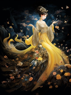 Romantic ancient style, brilliant stars, artistic conception ink, oriental poetry and painting, black background, auspicious clouds, bright yellow, 1 noble phoenix, solemn, solemn, noble, magnificent momentum, soft color, graceful posture, smart, divine, royal style, Horizontal composition, extremely beautiful light and shadow, ultra-realistic, ultra-detailed, ultra-high quality, Zao Wou-Ki, Fu Baoshi, Chen Jialing.#NoteInspiration#originaldesign #phoenix #gold #qiyuAI #国风大奖 #国风illustration