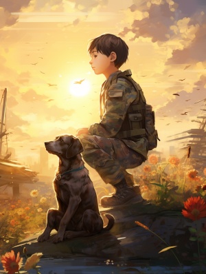 1个军人的小男孩和柴犬，站着向远方敬礼，全身照，迷彩服，黑色寸头，有房子，有花草，小鸟，敬礼，宫崎骏风格，一个阳光的小男孩，圆圆的脸大眼睛长睫毛，日落夕阳，