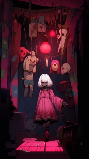 阴暗地下室的美丽女孩与提线木偶