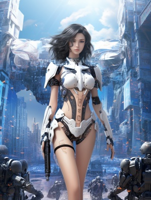 东方美女战士与机器人的未来主义炫酷对决