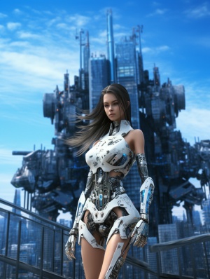 东方美女战士与机器人的未来主义炫酷对决