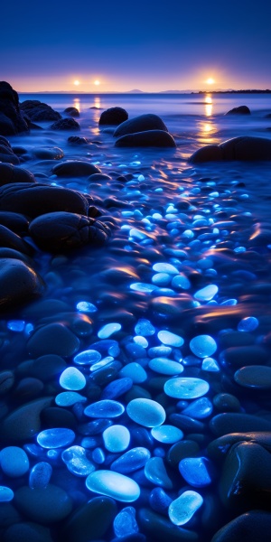 彩色发光石头点缀沙滩，蓝色爱心在海面闪耀