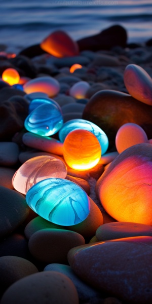 沙滩上的透明彩色发光石头