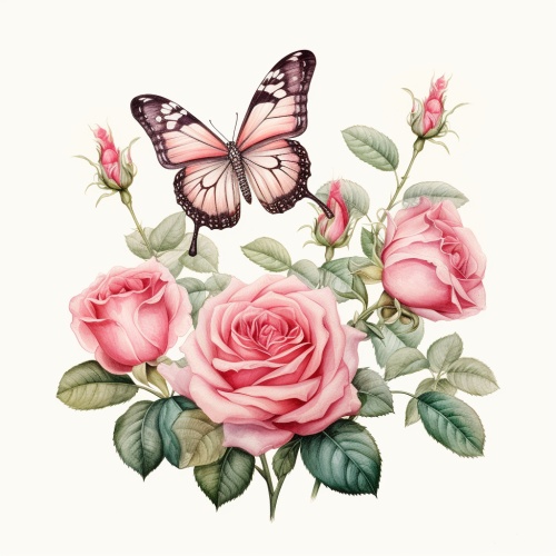 白底，蝴蝶，粉色玫瑰，植物，复古插画