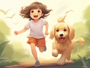 可爱的小女孩和金毛小狗在宫崎骏风格的世界中欢快奔跑