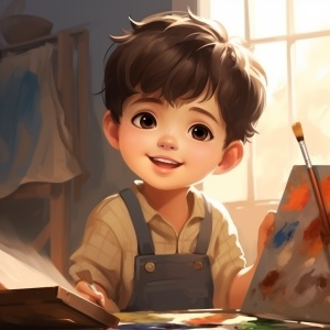 画一个幼儿园小男孩，哈哈大笑，短发，手里拿着一张手工作业，背景舞台