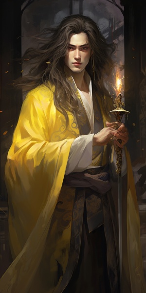 山海经神侍，古装长发美男子，身穿黄色道袍，手持晶莹剔透的御剑，