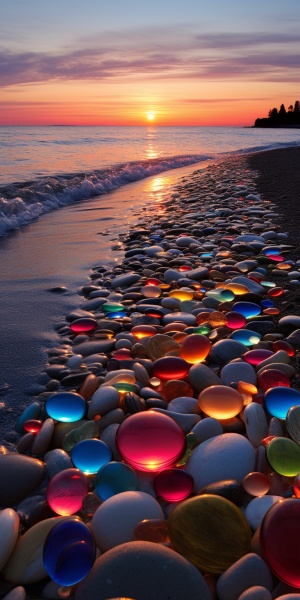 大海边，海平面升起月亮，沙滩上有很多五颜六色七彩的琉璃般的石头，蜿蜒在沙滩上