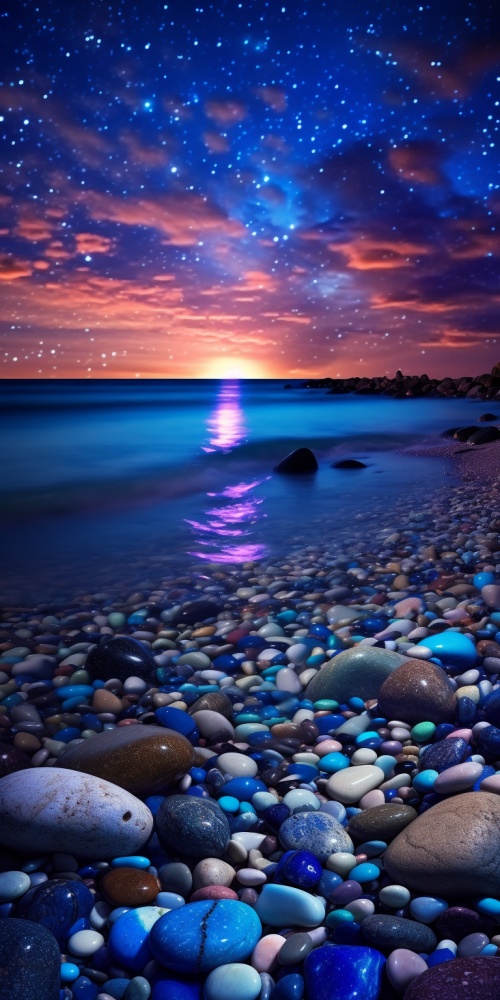 蓝色大海边，蓝色星空，海平面升起一轮明月，沙滩上有很多五颜六色七彩的琉璃般的石头，蜿蜒在沙滩上，闪闪发光