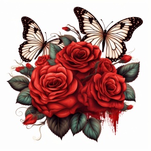 白底 复古风格 维多利亚时期 红色玫瑰 蝴蝶 插画