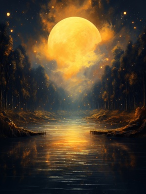 宽阔无边的河流，居中，硕大无比的黄色月亮，巨大的月亮落在地平面上，空旷的夜晚，空旷的平原，布满星星的夜空