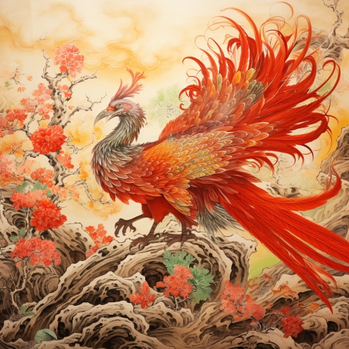 中国画，龙和凤凰，在丰富多彩的动画剧照，腓尼基艺术，红色背景，概述艺术，动画繁荣，贵族的描绘的风格，画面上标注“诸事如意”的字样