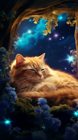 高清8k温馨场景的萌宠猫咪与满天星星
