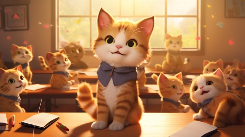 画黄色可爱的小猫坐在教室里上课，教室里面还有很多可爱的猫猫