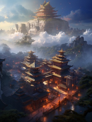 中国古城，明亮大气，朝阳彩云之间，鸟瞰，细节，光谱，梦幻，华丽的光效，镜面反射，落花，灯光，细腻的纹理，广角镜头，锐利，32k，真实场景，主体突出，不要很多建筑，