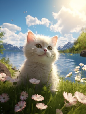 室外场景，大树，花朵，草，风，云朵，太阳，湖水，一只在笑的可爱猫猫，画面温馨，光线充足，细节充分，8k，虚幻引擎，佳作