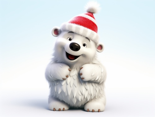 一个可爱的圣诞北极熊在皮克斯风格，纯白色的背景，纹理，细节