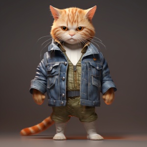 可爱橘猫，穿着时尚，表情委屈，身穿牛仔裤背带裤