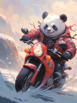 一只酷酷熊猫开心大笑，穿着红色羽绒服，骑着哈雷摩托车，在雪地里迎着大雪狂奔，背面是雪山，雪山下有结冰的湖