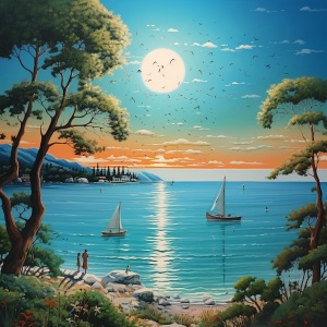 风景画，碧海蓝天，夏天，有小船，还有正晒太阳的人，有树，树后面有小动物