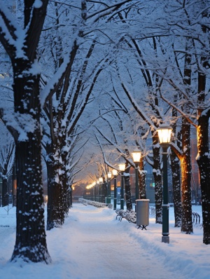 冬日树雪下的城市美景