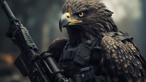 黑色鹰头的强壮人类手持自动步枪