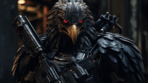 黑色鹰头，强壮的人类身体，身穿防弹衣，手持自动步枪