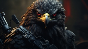 黑色鹰头，强壮的人类身体，身穿防弹衣，手持自动步枪
