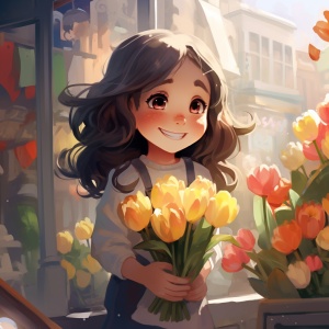 可爱小女孩手捧郁金香于花店前的插画